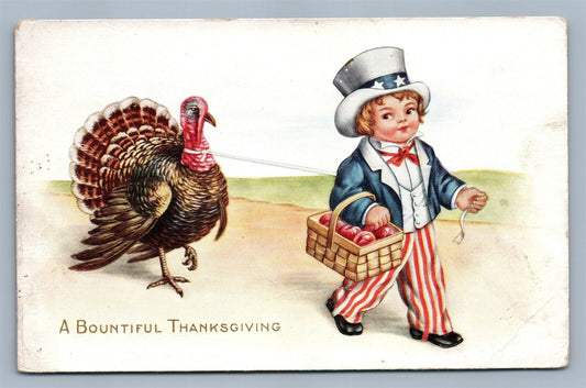LITTLE UNCLE SAM BOUNTIFUL THANKSGIVING ANTIQUE POSTCARD PATRIOTIC