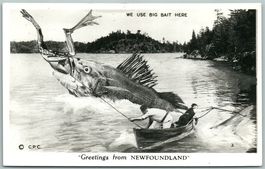 NEWFOUNDLAND CANADA FISHING EXAGGERATED VINTAGE REAL PHOTO POSTCARD RPPC