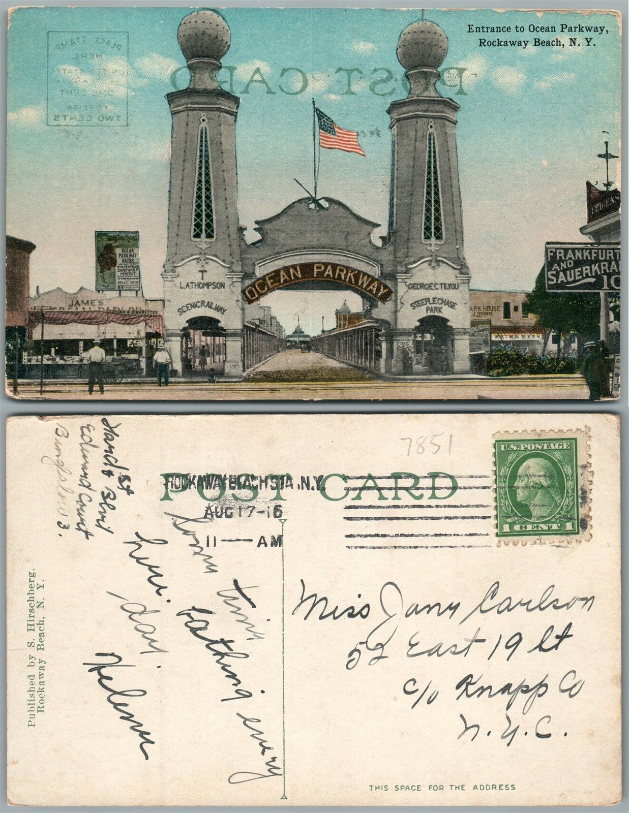 LONG ISLAND NY ROCKAWAY BEACH ENTRANCE TO OCEAN PARKWAY 1916 ANTIQUE POSTCARD