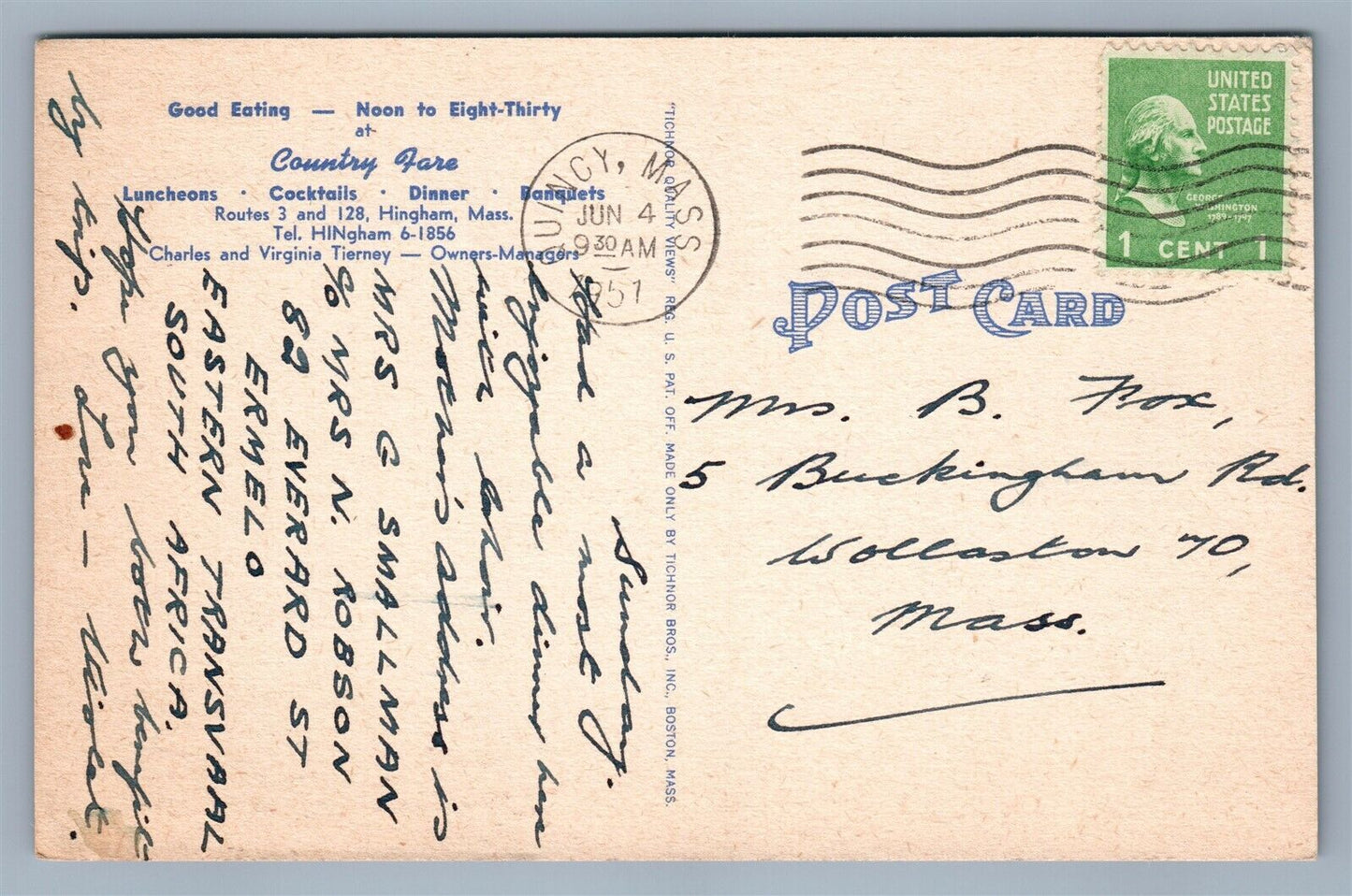 HINGHAM MA COUNTRY FARE RESTAURANT ADVERTISING 1951 VINTAGE POSTCARD