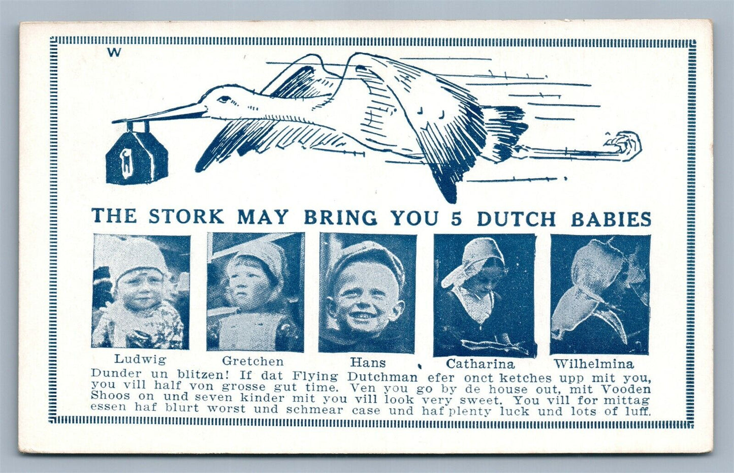MULTI 5 DUTCH BABIES w/ STORK ANTIQUE POSTCARD