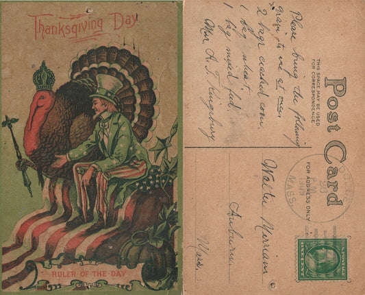 THANKSGIVING DAY 1909 PATRIOTIC ANTIQUE POSTCARD w/ UNCLE SAM ROOLER OF THE DAY