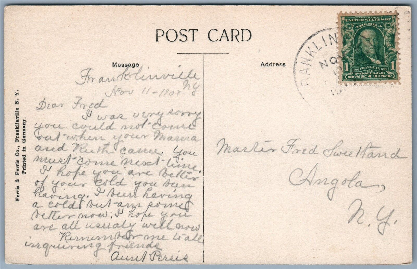 FRANKLINVILLE NY PRESBYTERIAN CHURCH ANTIQUE POSTCARD
