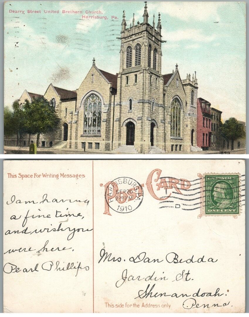 DEARRY STREET UNITED BRETHERN CHURCH HARRISBURG PA 1910 ANTIQUE POSTCARD