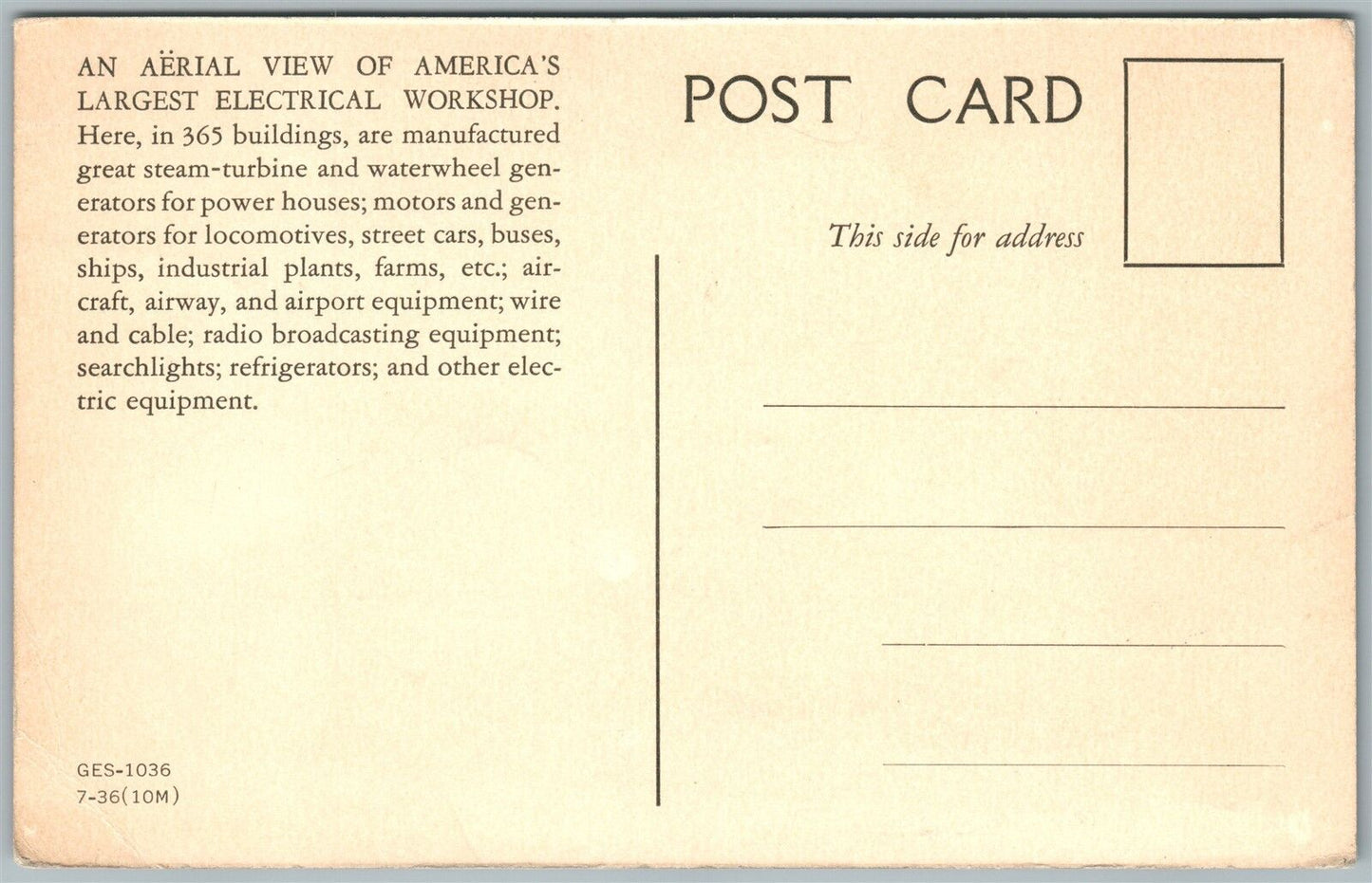 GENERAL ELECTRIC SCHENECTADY WORKS PA VINTAGE POSTCARD