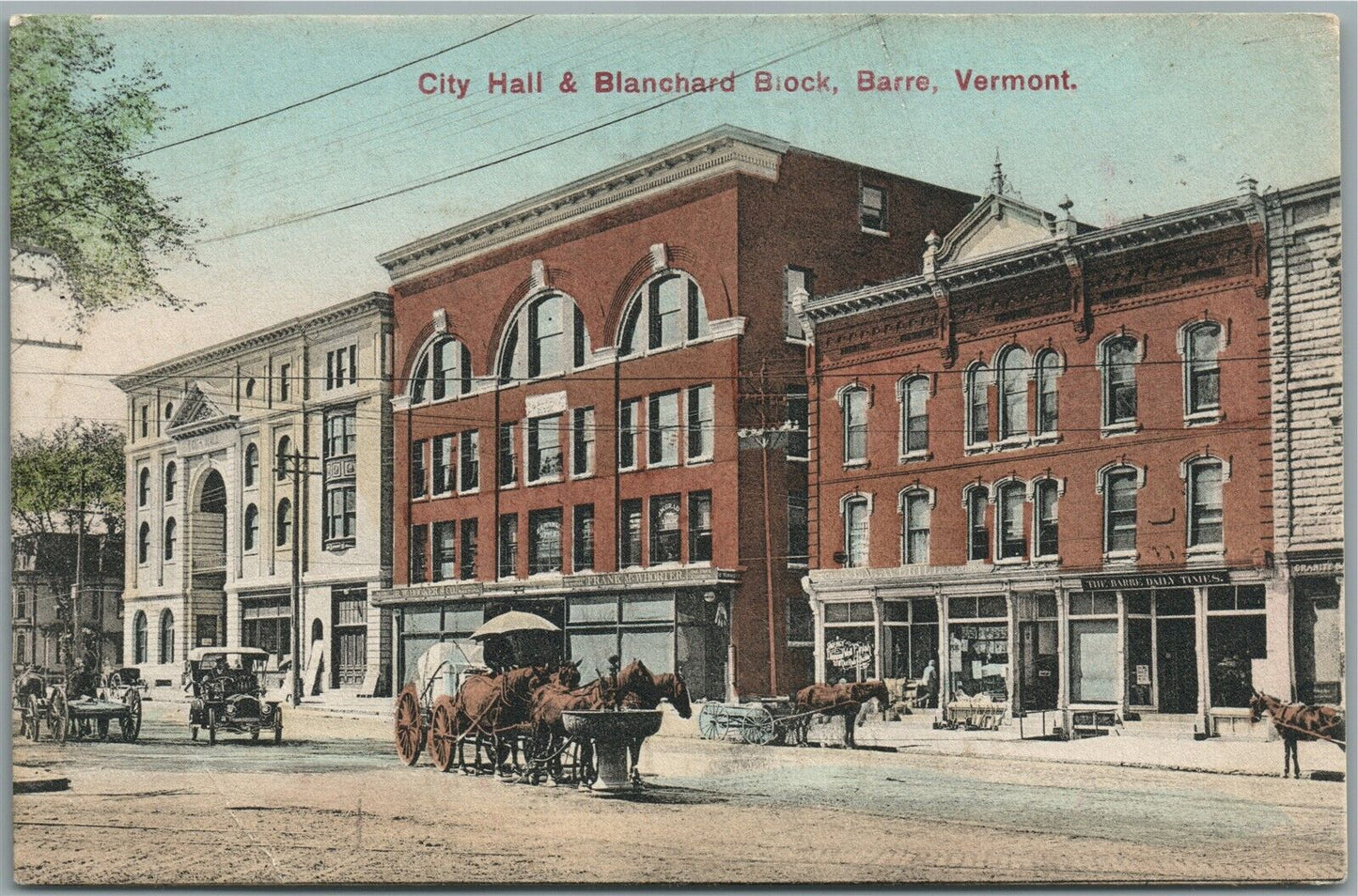 BARRE VT CITY HALL & BLANCHARD BLOCK 1911 ANTIQUE POSTCARD