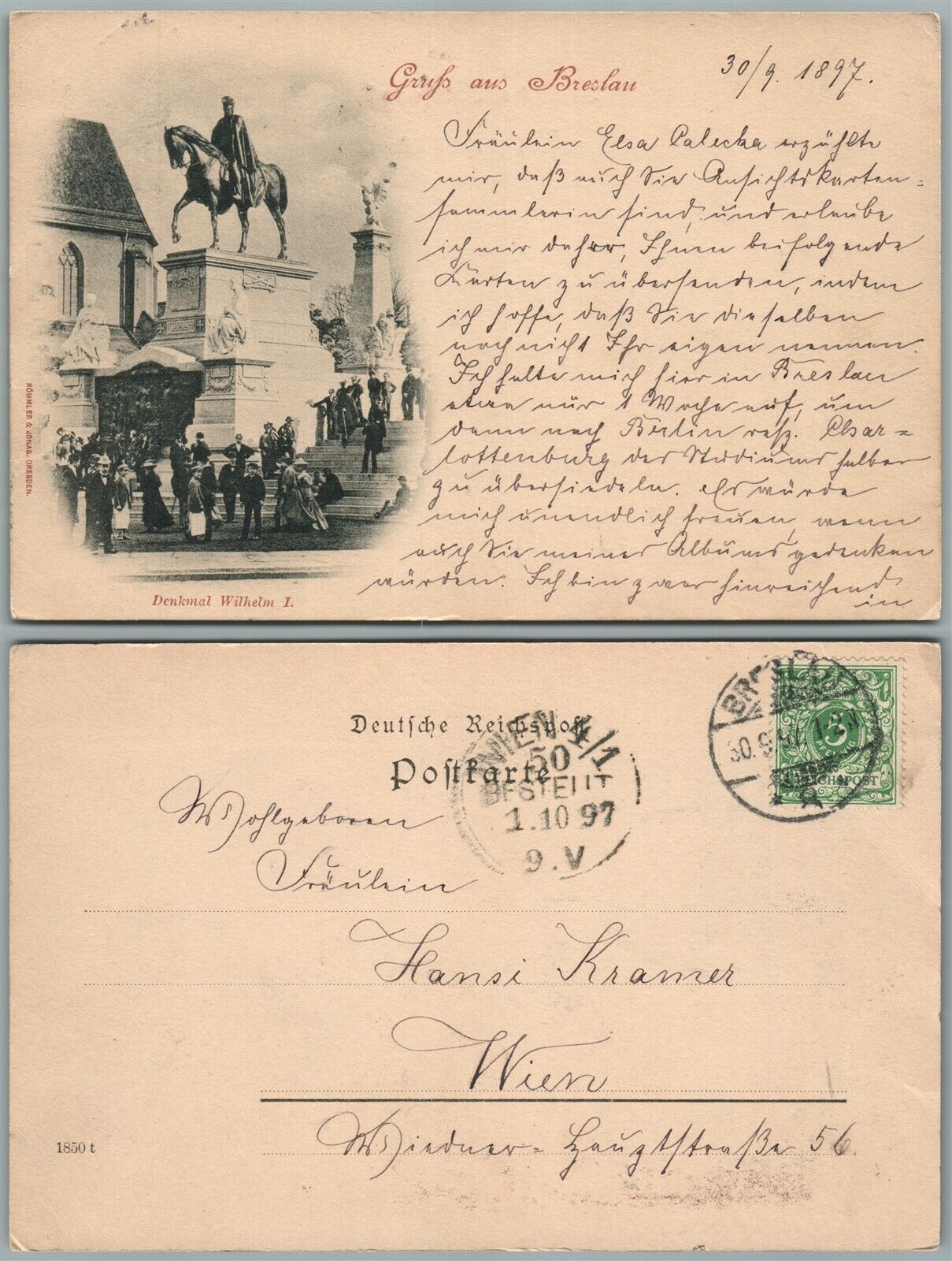 BERLIN GERMANY DENKMAL WILHELM I 1897 ANTIQUE POSTCARD w/ STAMP