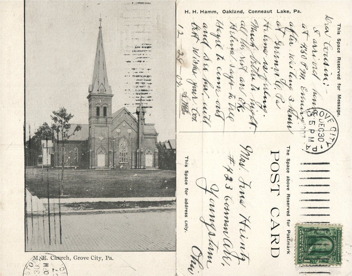 GROVE CITY PA M.E. CHURCH 1910 ANTIQUE POSTCARD