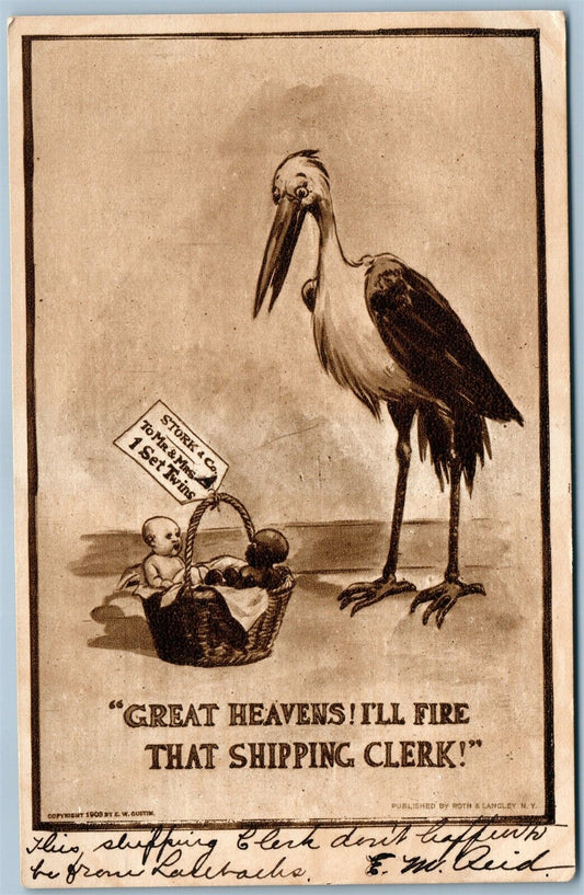 GREAT HEAVIENS COMIC ANTIQUE POSTCARD STORK w/ BABY