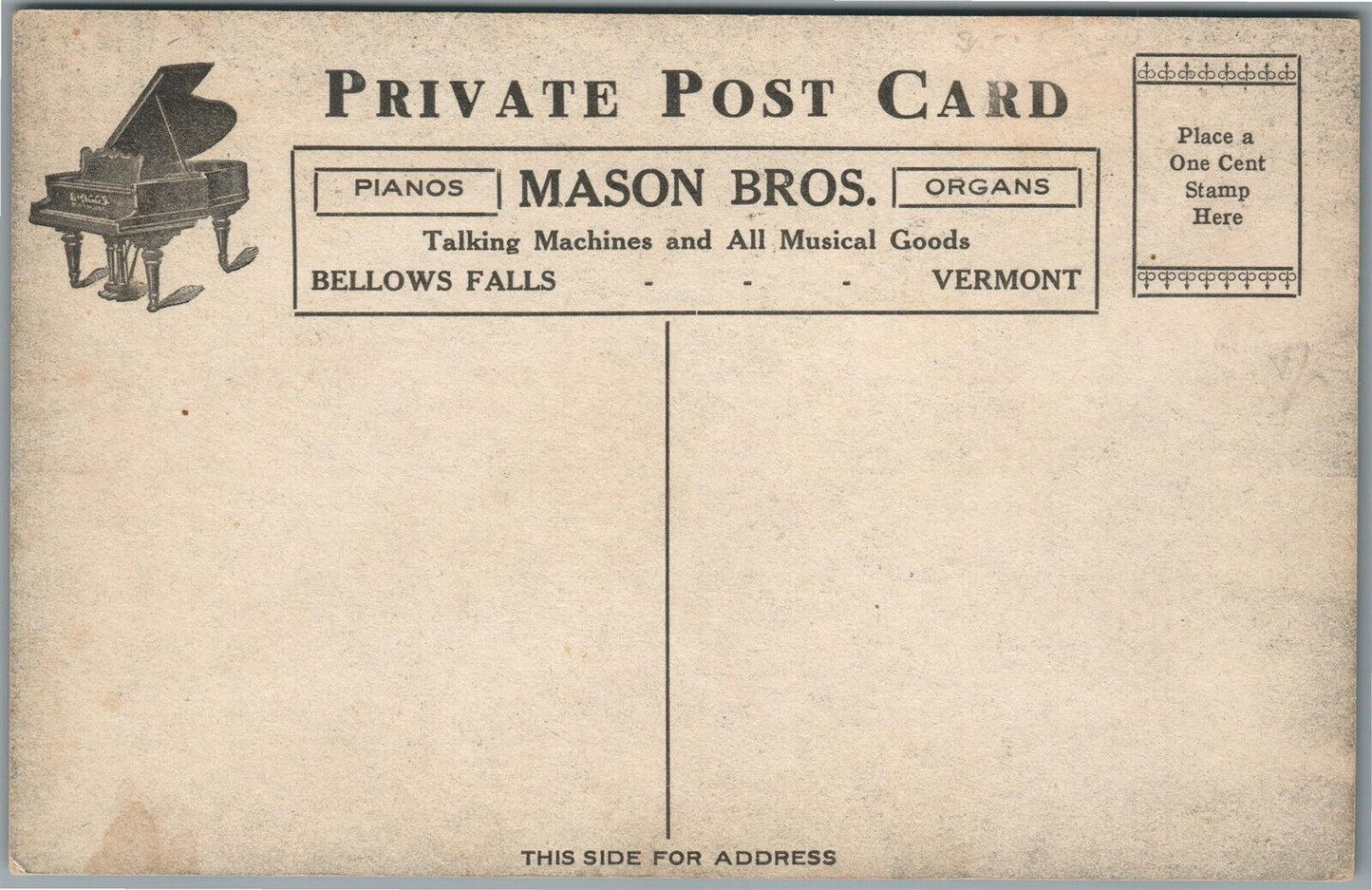 BELLOW FALLS VT MASON BROS. PIANO STORE ADVERTISING PRIVATE ANTIQUE POSTCARD