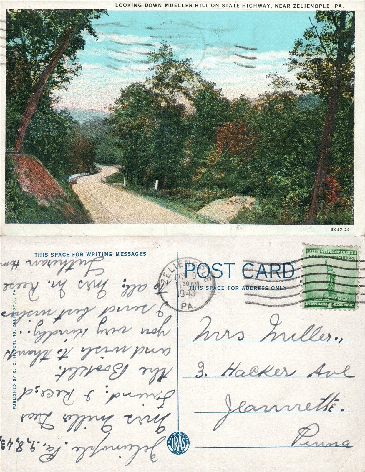 MUELLER HILL ON STATE HIGHWAY ZELIENOPLE PA 1943 VINTAGE POSTCARD