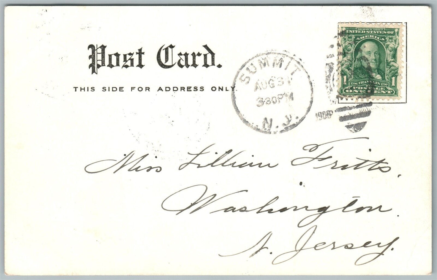 SUMMIT NJ THE LIBRARY 1908 ANTIQUE POSTCARD w/ CORK CANCEL