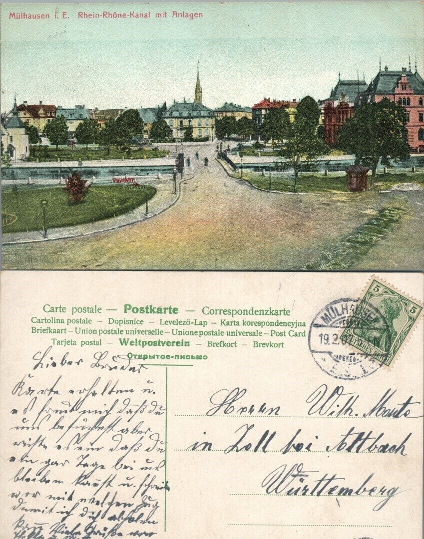 MULHAUSEN i.E. RHEIN-RHONE-KANAL MIT ANLAGEN FRANCE ANTIQUE GERMAN POSTCARD