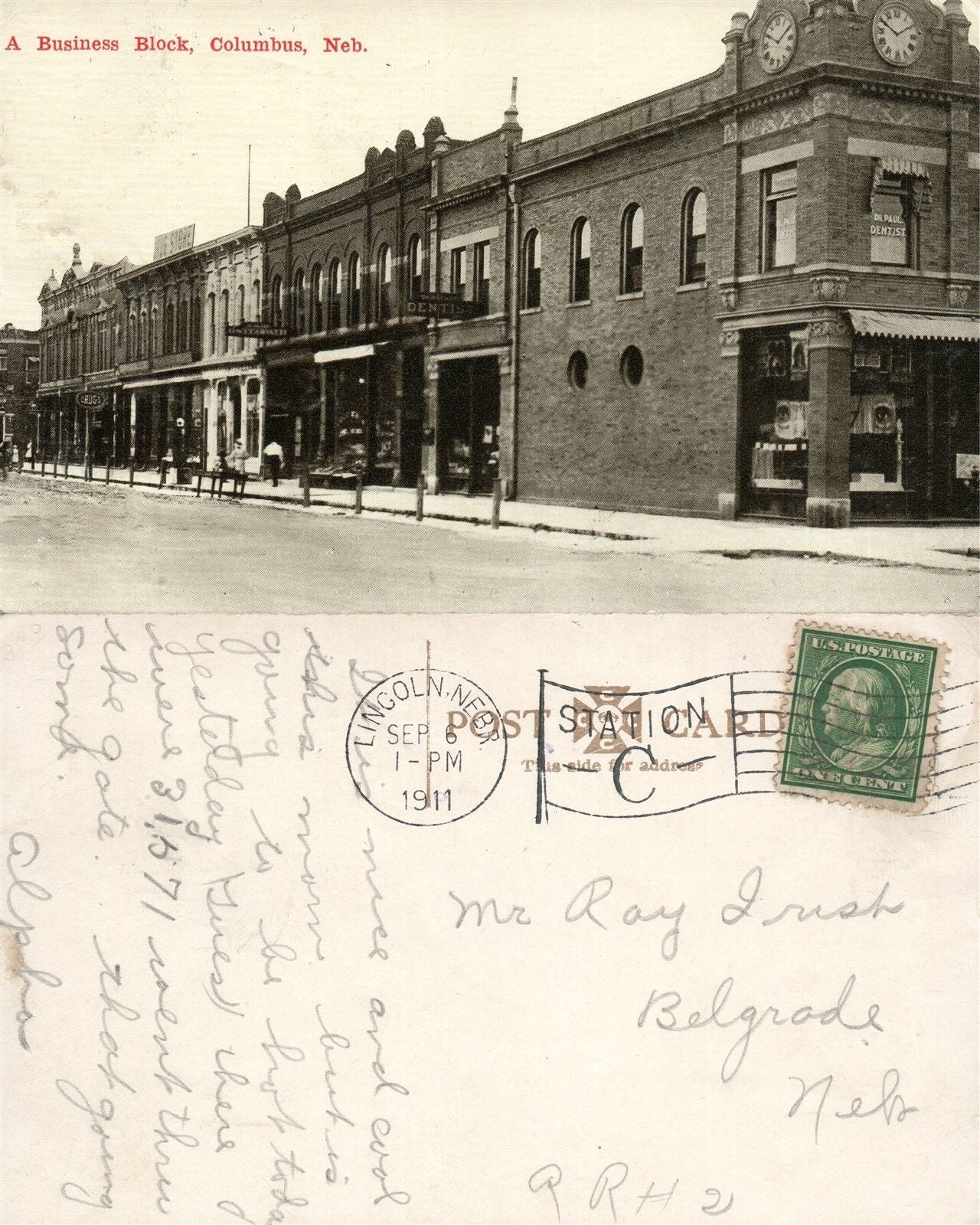 COLUMBUS NE BUSINESS BLOCK 1911 ANTIQUE POSTCARD