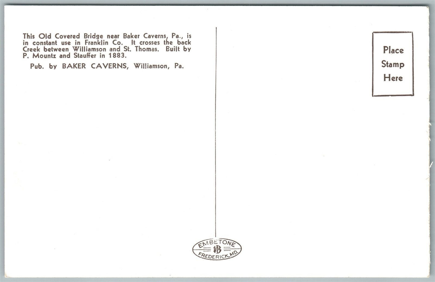 FRANKLIN COUNTY PA OLD COVERED BRIDGE VINTAGE POSTCARD