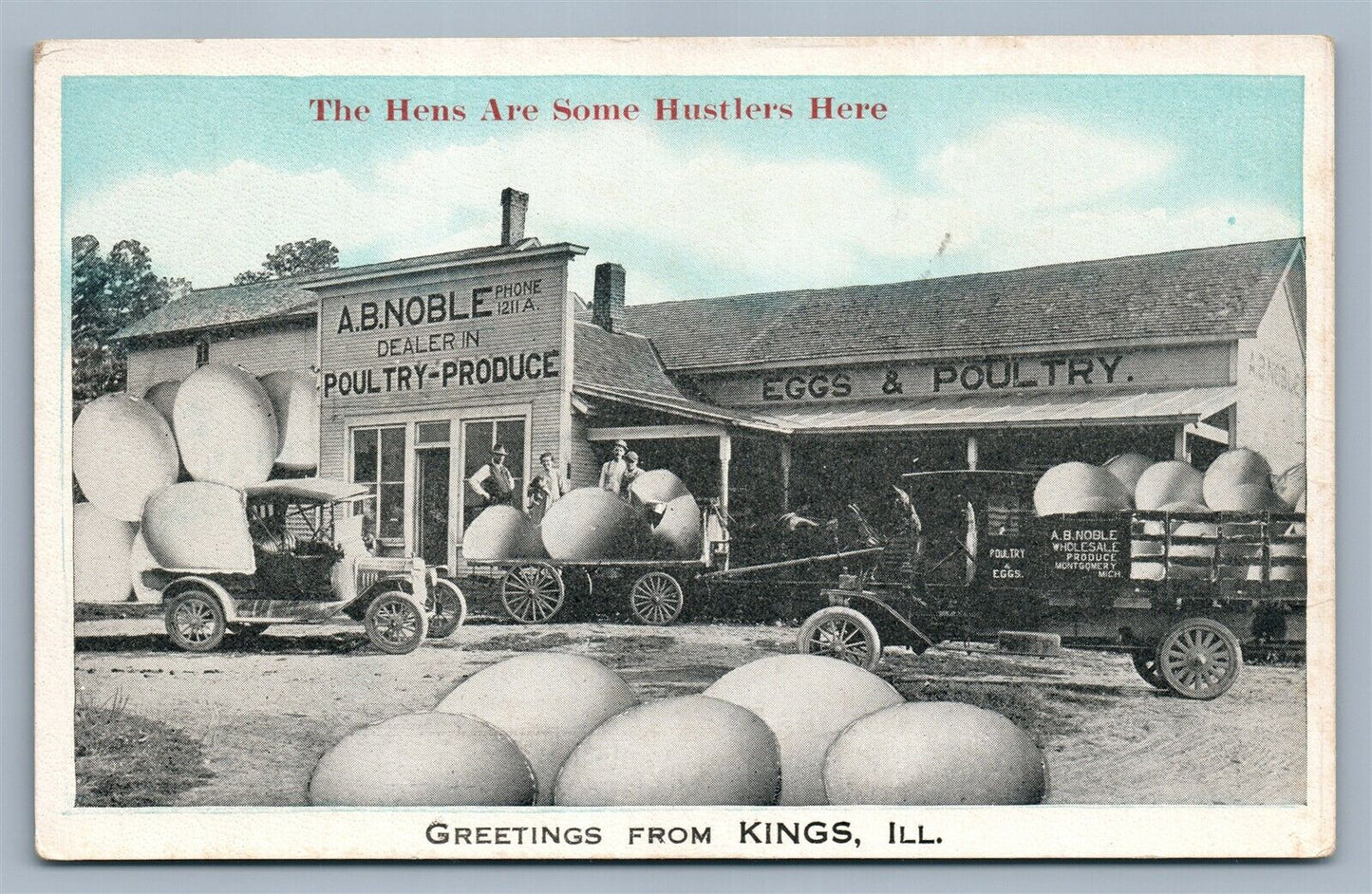 KINGS IL EXAGGERATED EGGS & POULTRY ANTIQUE POSTCARD HENS ARE SOME HUSTLERS HERE