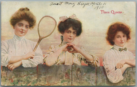 THREE QUEENS w/ TENNIS PLAYER ANTIQUE POSTCARD