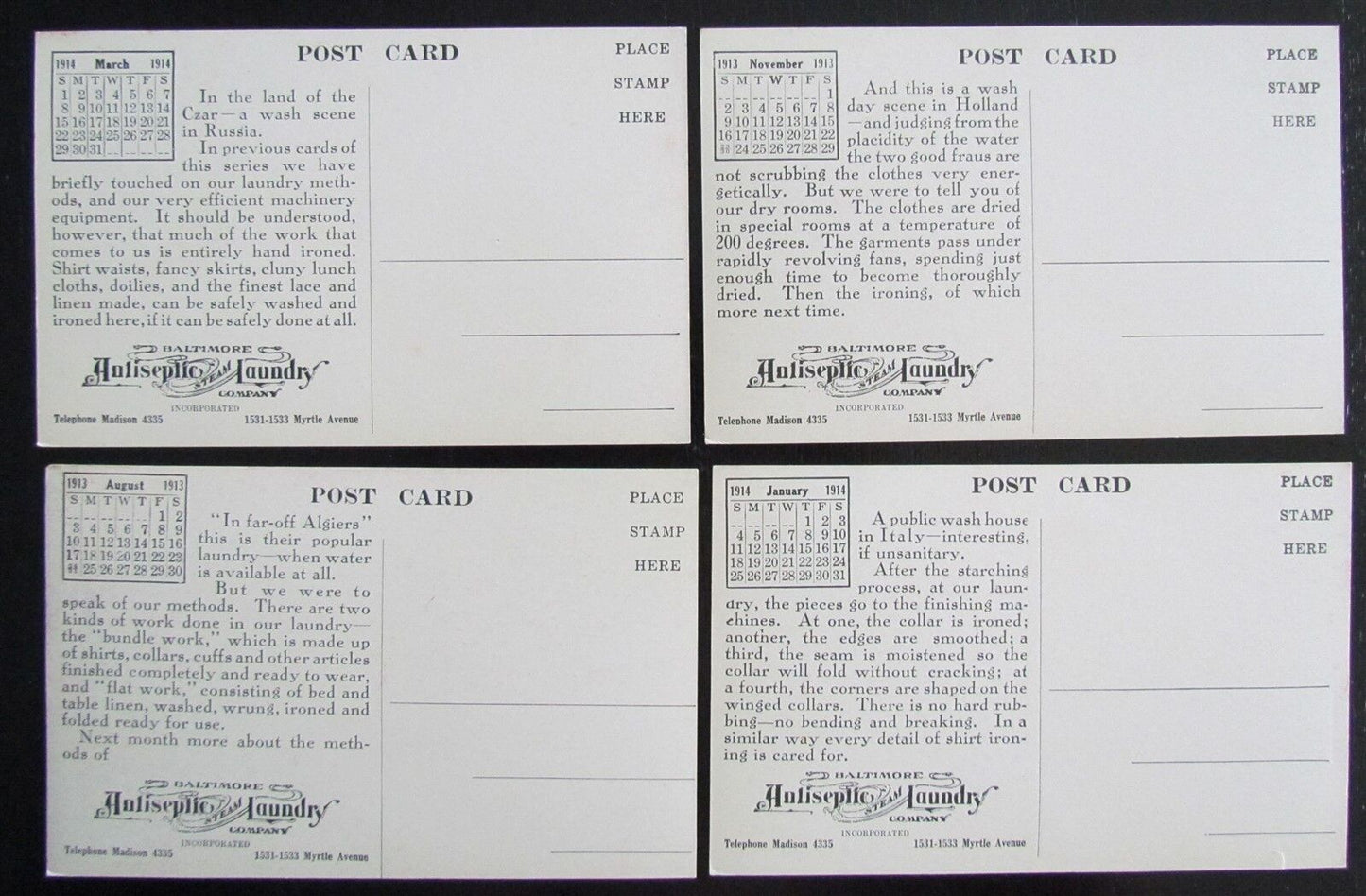 BALTIMORE MD LOUNDRY ADVERTISING 1914 LOT OF 4 ANTIQUE POSTCARDS w/ CALENDAR