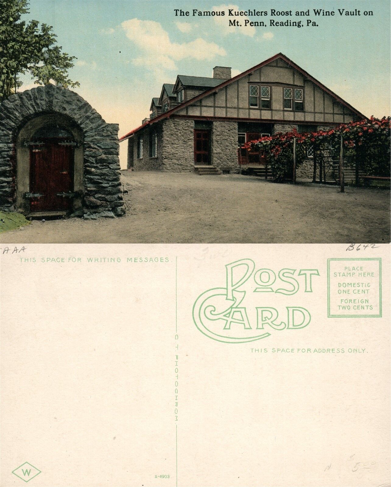 READING PA KUECHLERS ROOST & WINE VAULT ON MT.PENN ANTIQUE POSTCARD
