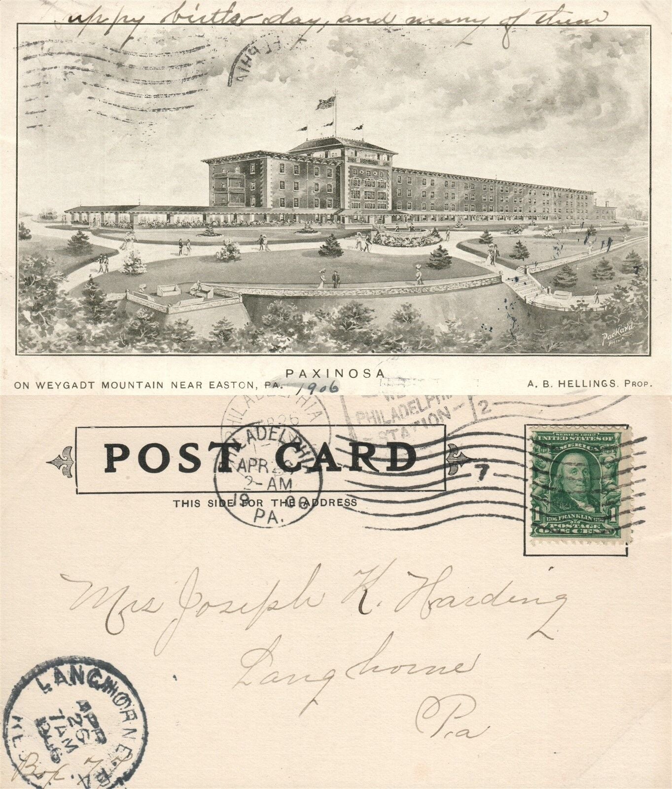 EASTON PA WEYGADT MOUNTAIN PAXINOSA HOTEL 1906 UNDIVIDED ANTIQUE POSTCARD