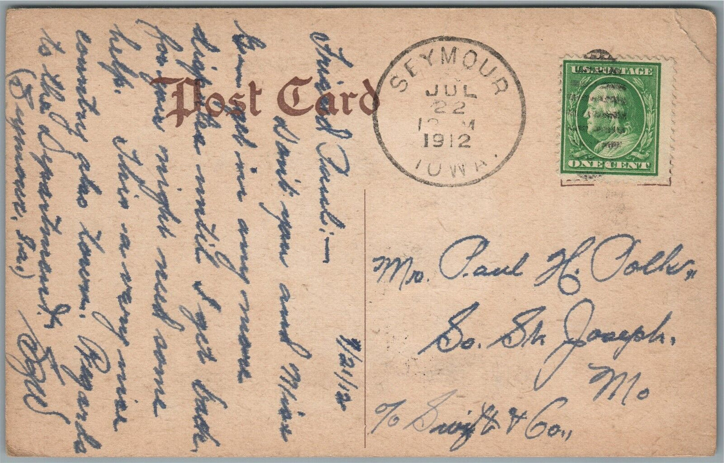 SEYMOUR IA PEOPLES SAVINGS BANK ANTIQUE POSTCARD