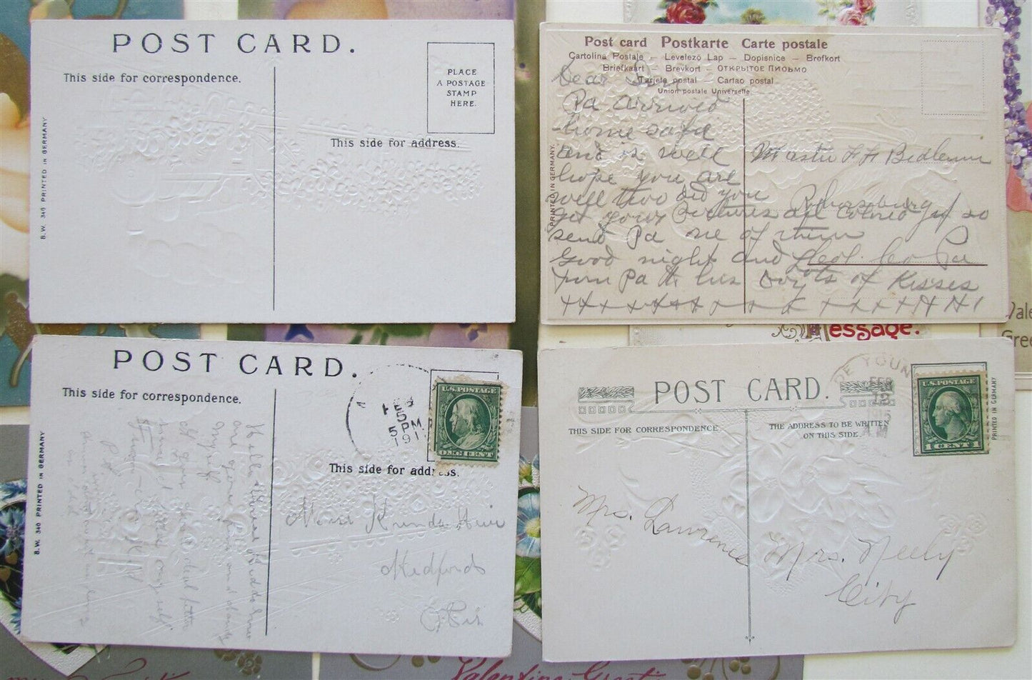 LOT of 10 VALENTINE ANTIQUE EMBOSSED POSTCARDS w/ FLOWERS TRAINS CUPID