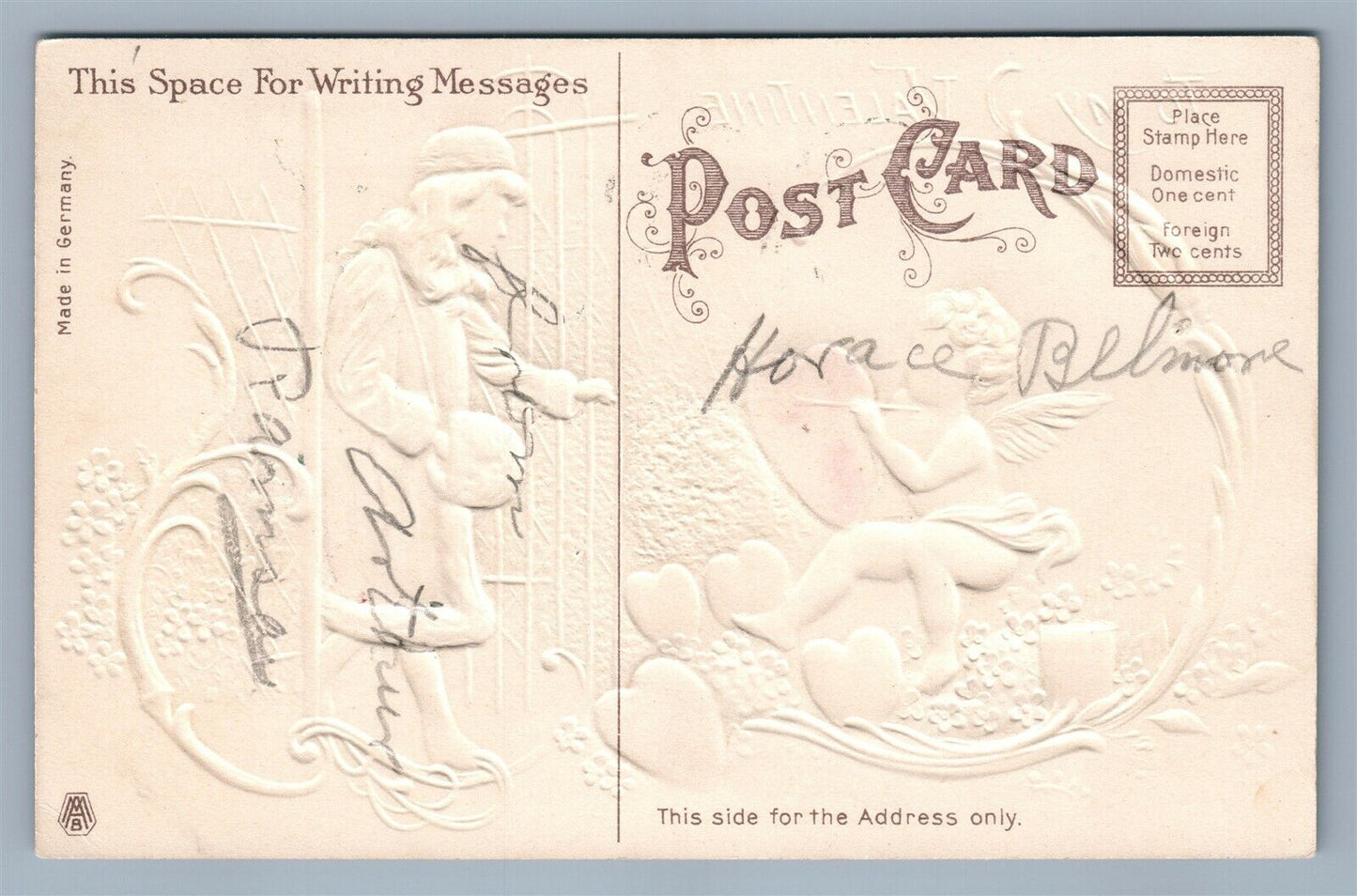 VALENTINE ANTIQUE POSTCARD CUPID w/ SILK HEART GIRL WITH APPLIQUE COAT