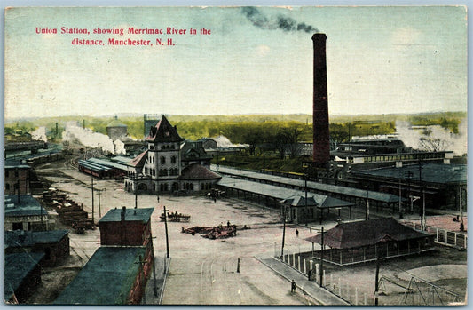 MANCHESTER NH RAILROAD STATION RAILWAY TRAIN DEPOT ANTIQUE POSTCARD