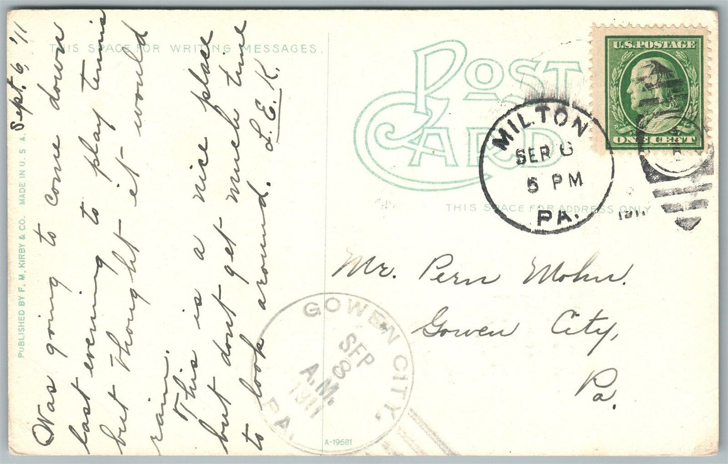 MILTON PA POST OFFICE & ODD FELLOWS HALL 1911 ANTIQUE POSTCARD w/ CORK CANCEL