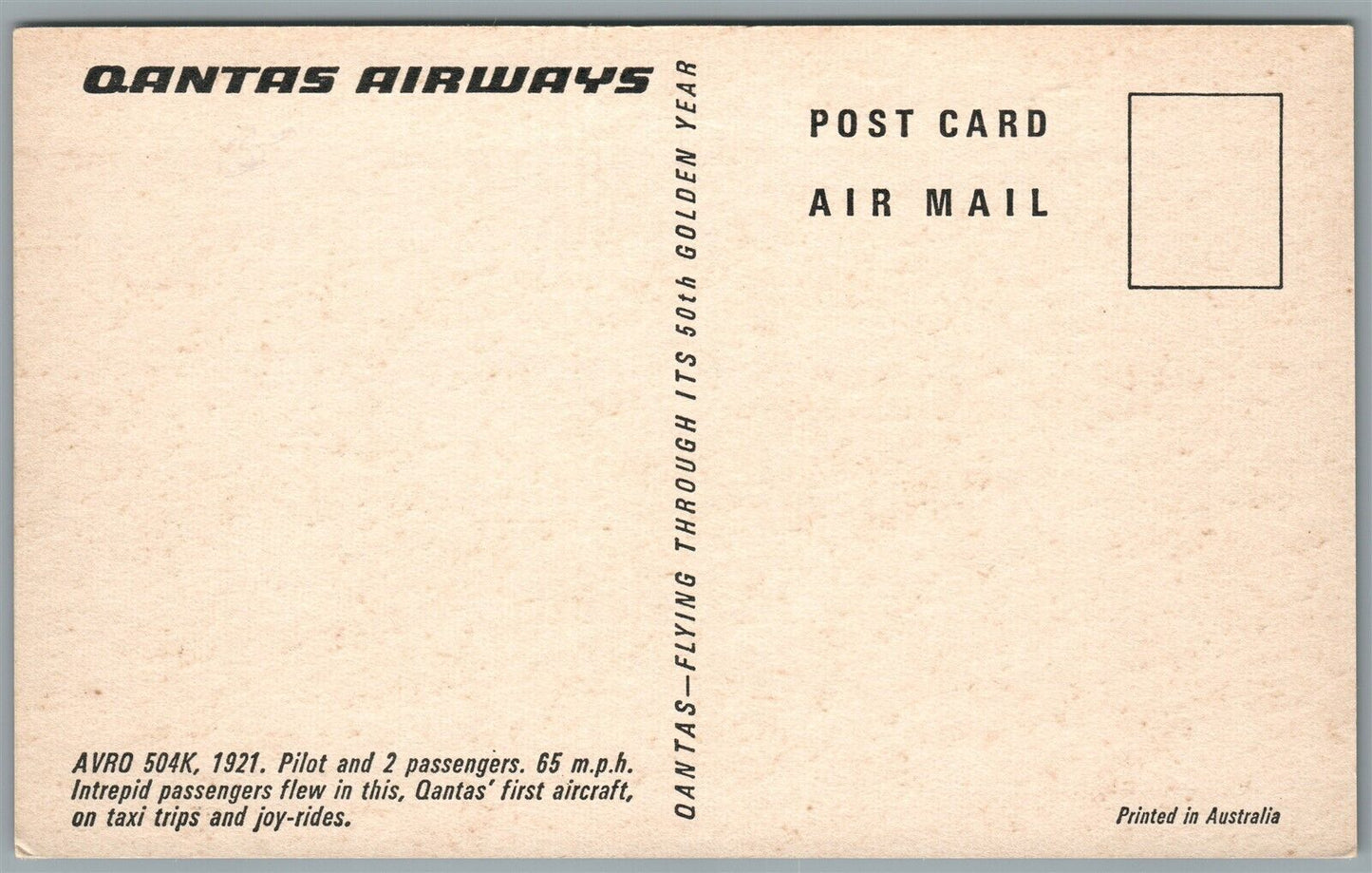 QUANTAS AIRWAYS AIRPLANE AUSTRALIA 1921 ANTIQUE POSTCARD