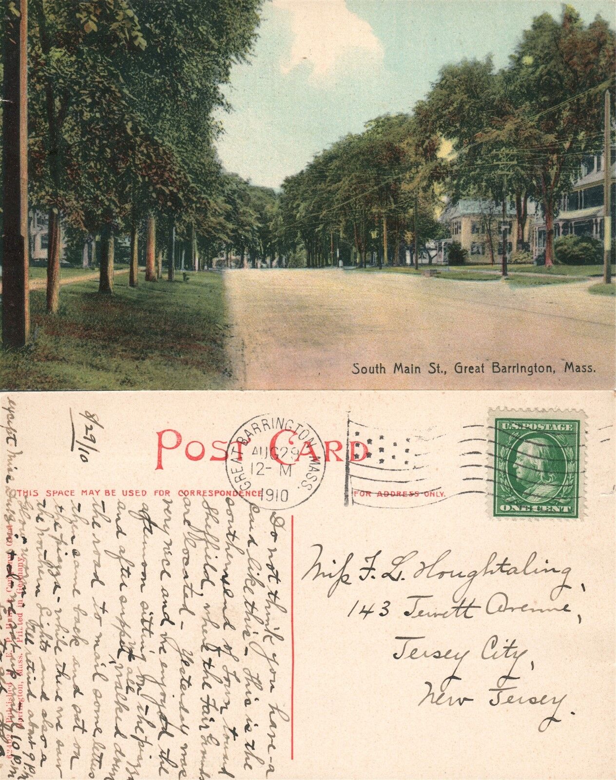 GREAT BARRINGTON MA SOUTH MAIN STREET 1910 ANTIQUE POSTCARD