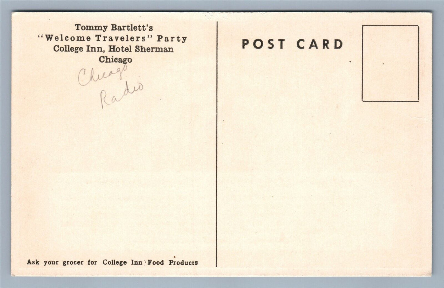 CHICAGO IL RADIO TOMMY BARLETT'S WELCOME TRAVELER'S PARTY VINTAGE POSTCARD