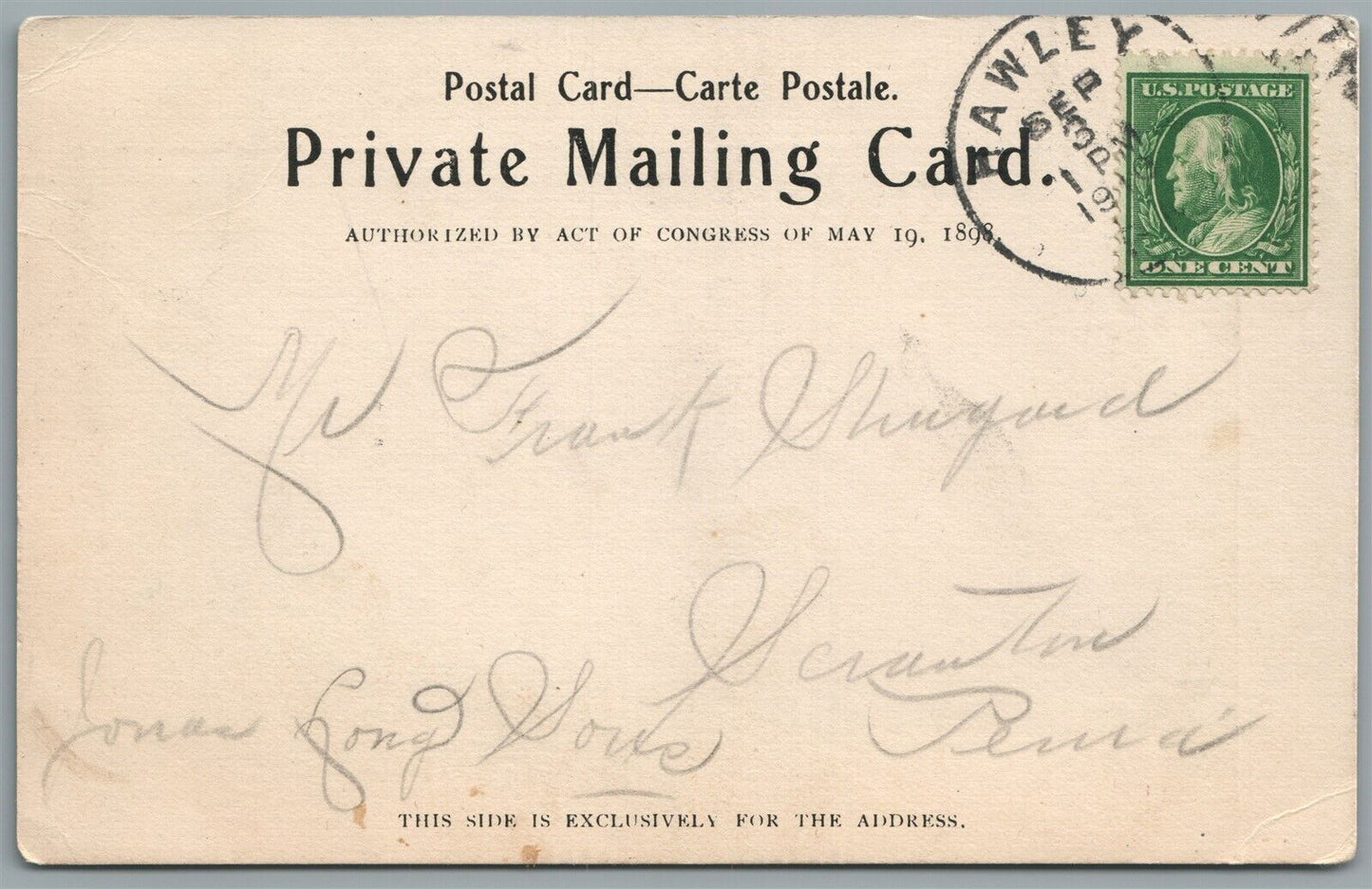 EAST LYNN TAFTON PIKE CO. PA ANTIQUE PRIVATE MAILING POSTCARD