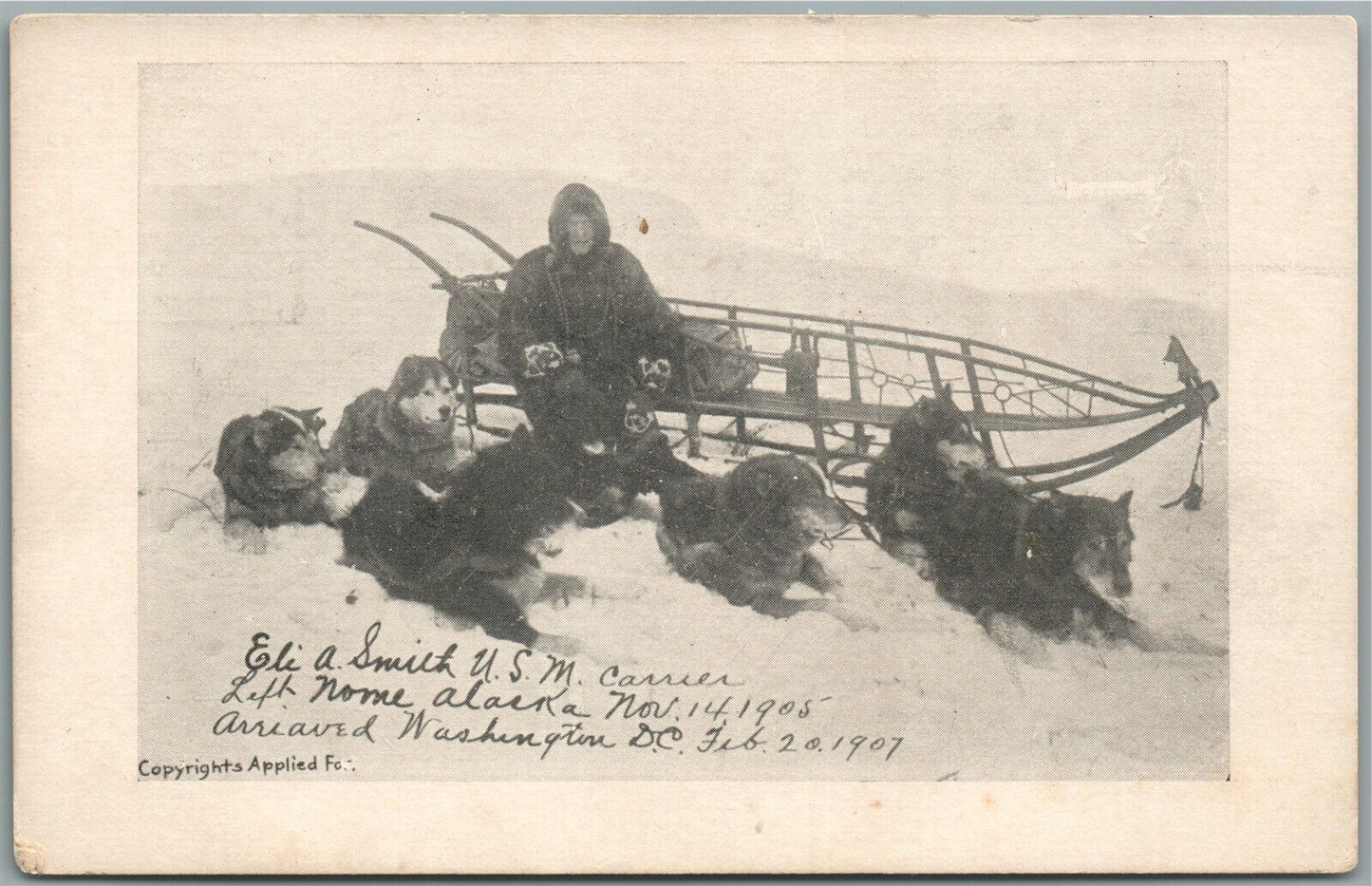 US MAIL CARRIER ELI SMITH TRIP FROM NEW YORK to NOME ALASKA ANTIQUE POSTCARD