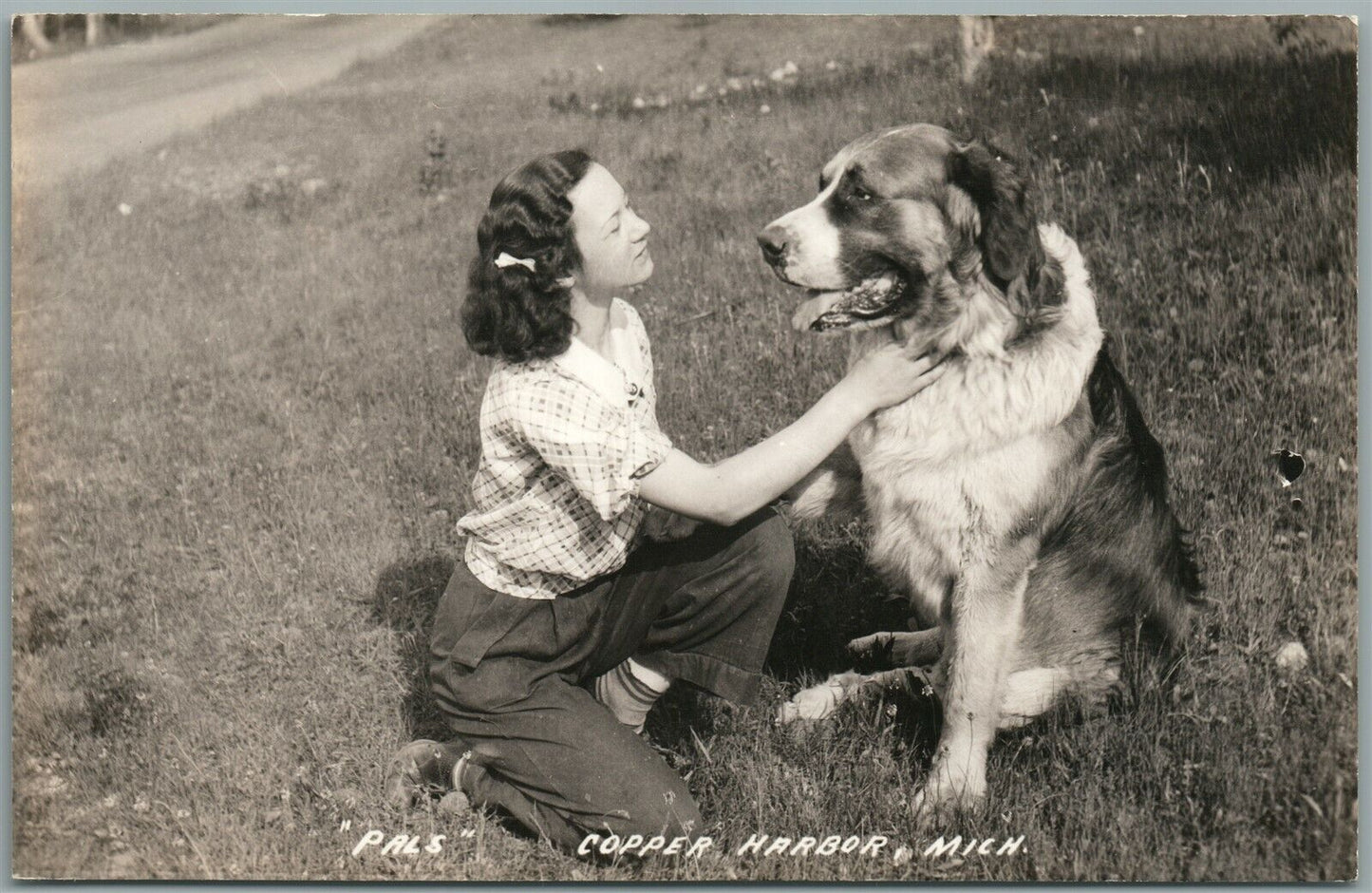 COPPER HARBOR MI DOG w/ YOUNG LADY VINTAGE REAL PHOTO POSTCARD RPPC