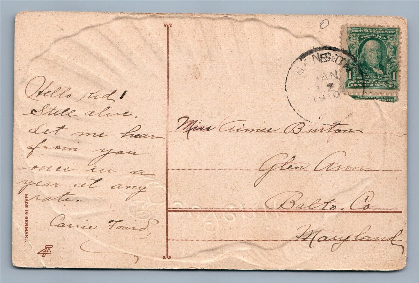 FALLSTON MD SOUVENIR w/ EMBOSSED SHELL ANTIQUE POSTCARD