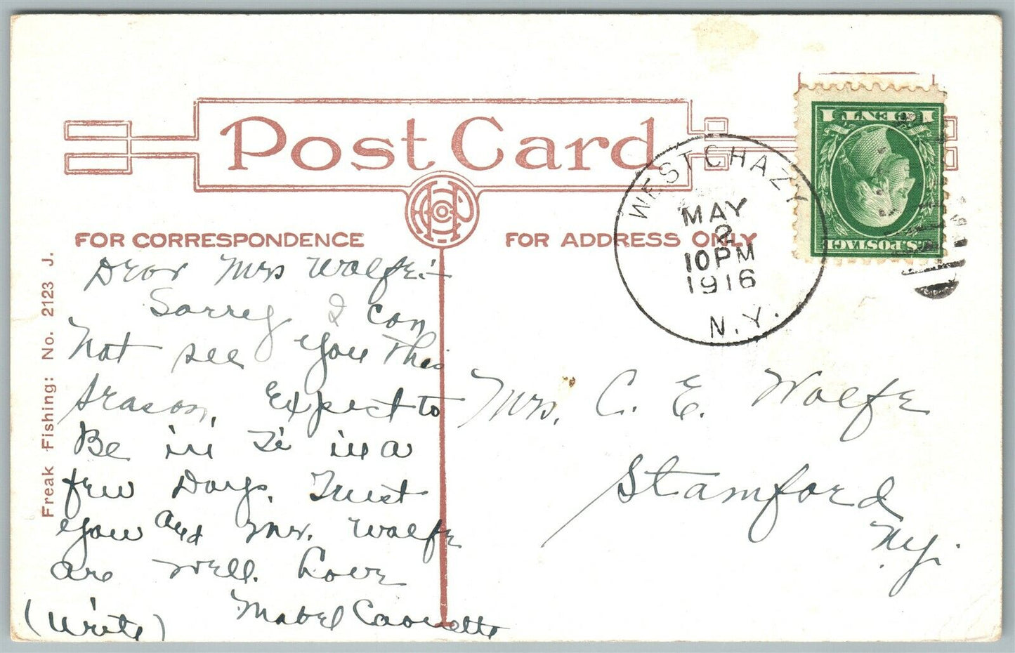 EXAGGERATED FISHING 1916 ANTIQUE POSTCARD WEST CHAZY N.Y.