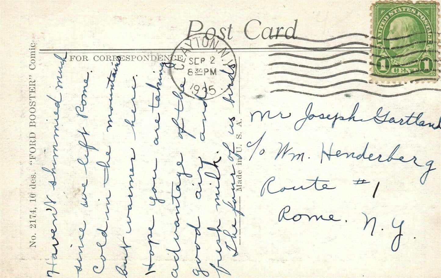 FORD CAR in MOUNTAINS COMIC 1935 VINTAGE POSTCARD automobile