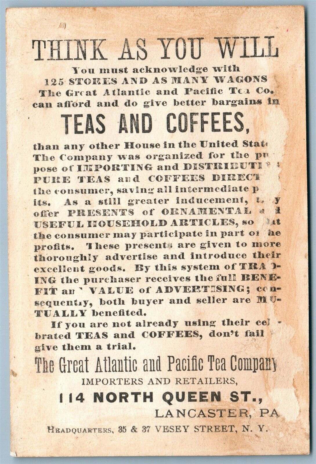 LANCASTER PA TEAS & COFFEES ANTIQUE ADVERTISING VICTORIAN TRADE CARD