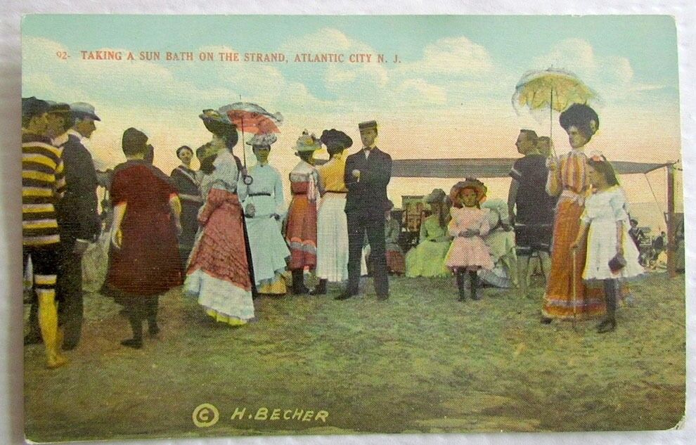 TAKING A SUN BATH ON THE STRAND ATLANTIC CITY N.J. ANTIQUE POSTCARD