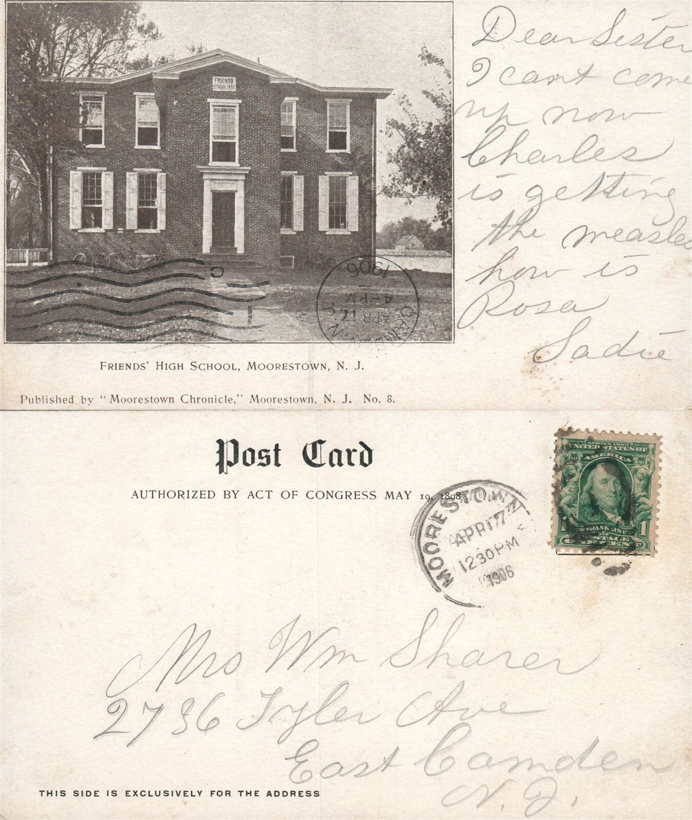 MOORESTOWN N.J. FRIEND'S HIGH SCHOOL 1906 UNDIVIDED POSTCARD CORK CANCEL