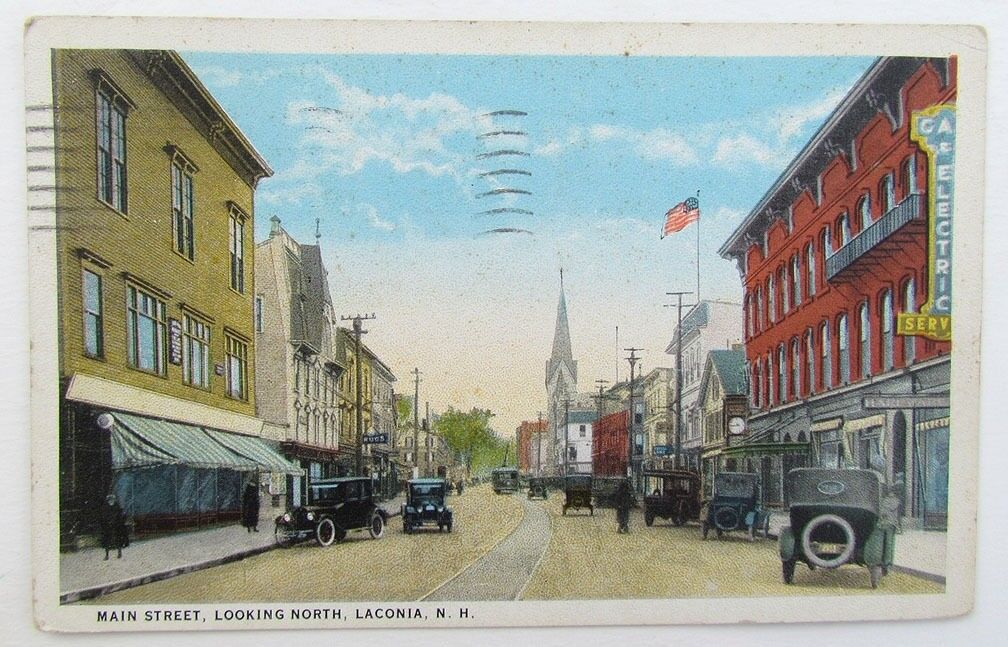 VINTAGE 1930 POSTCARD MAIN STREET LACONIA N.H. NEW HAMPSHIRE old cars
