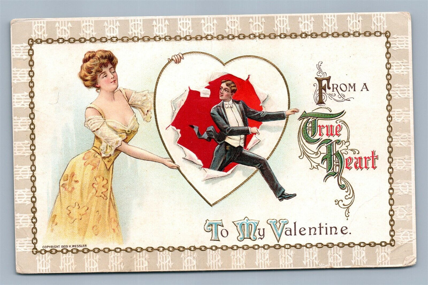 VALENTINE EMBOSSED ANTIQUE POSTCARD FROM A TRUE HEART