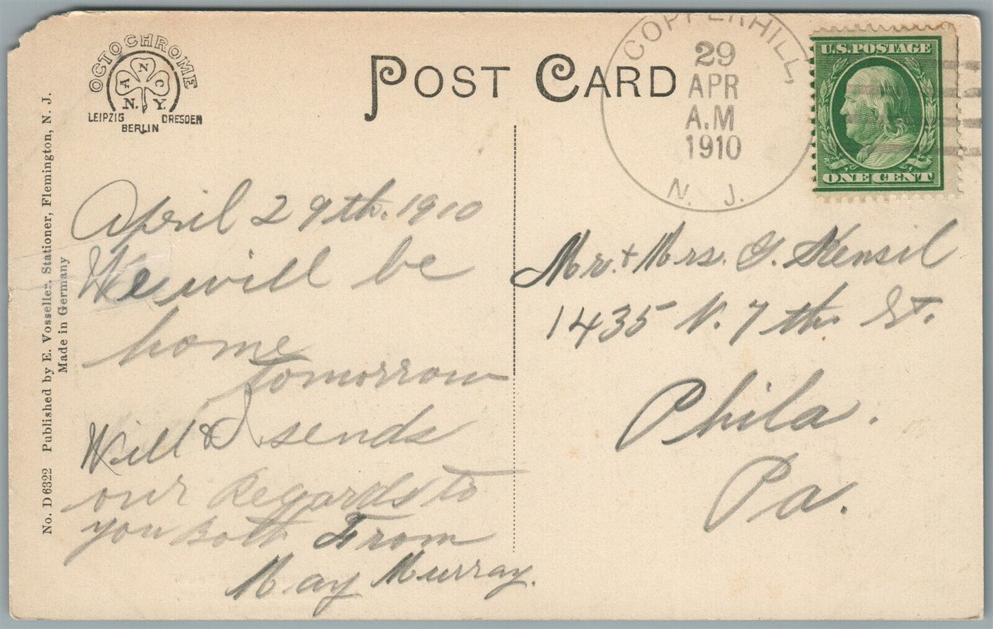 FLEMINGTON NJ MAIN STREET 1910 ANTIQUE POSTCARD