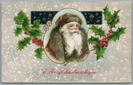 SANTA in BROWN HAT ANTIQUE CHRISTMAS POSTCARD