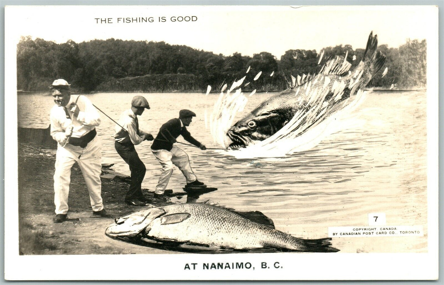 NANAIMO B.C. CANADA FISHING EXAGGERATED ANTIQUE REAL PHOTO POSTCARD RPPC