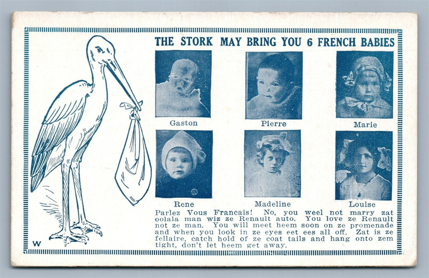 MULTI 6 FRENCH BABIES w/ STORK ANTIQUE POSTCARD