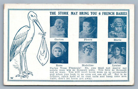 MULTI 6 FRENCH BABIES w/ STORK ANTIQUE POSTCARD