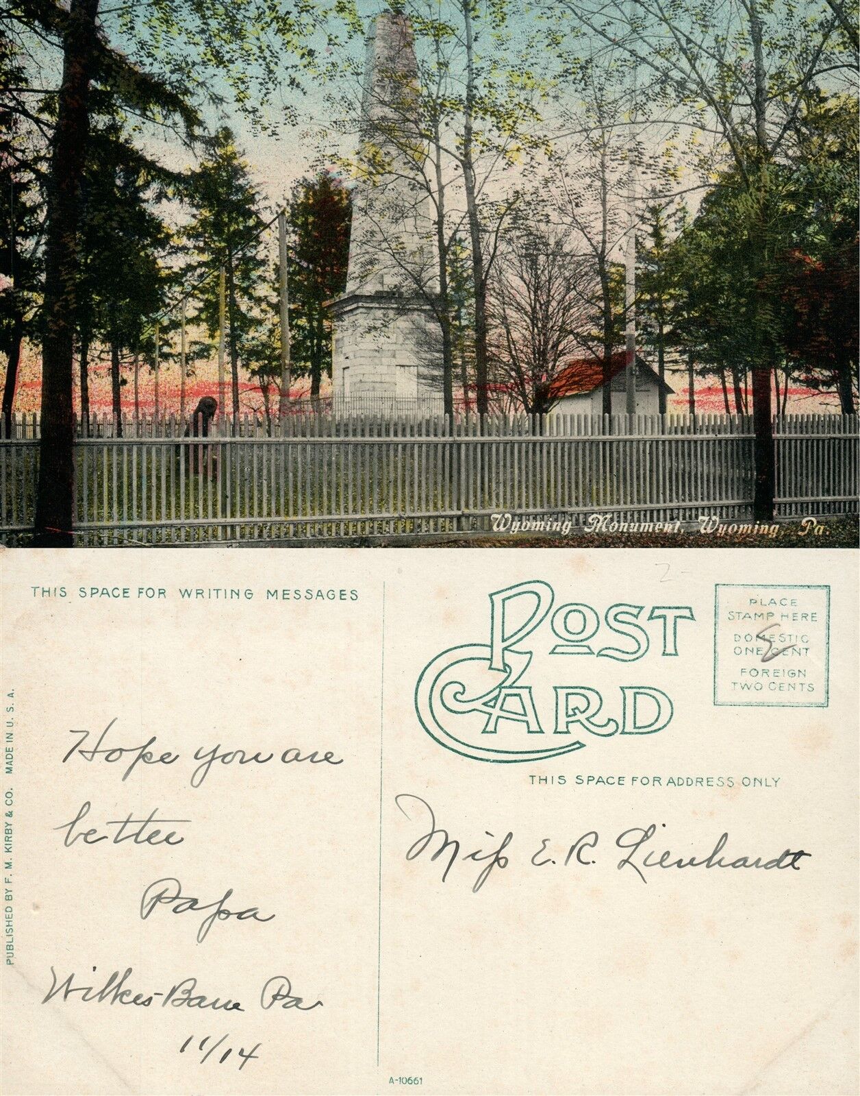 WYOMING PA MONUMENT ANTIQUE POSTCARD
