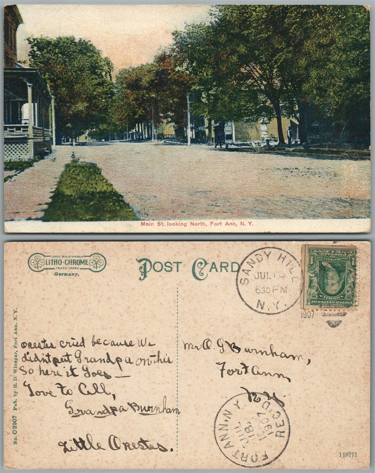 FORT ANN N.Y. MAIN STREET 1907 ANTIQUE POSTCARD